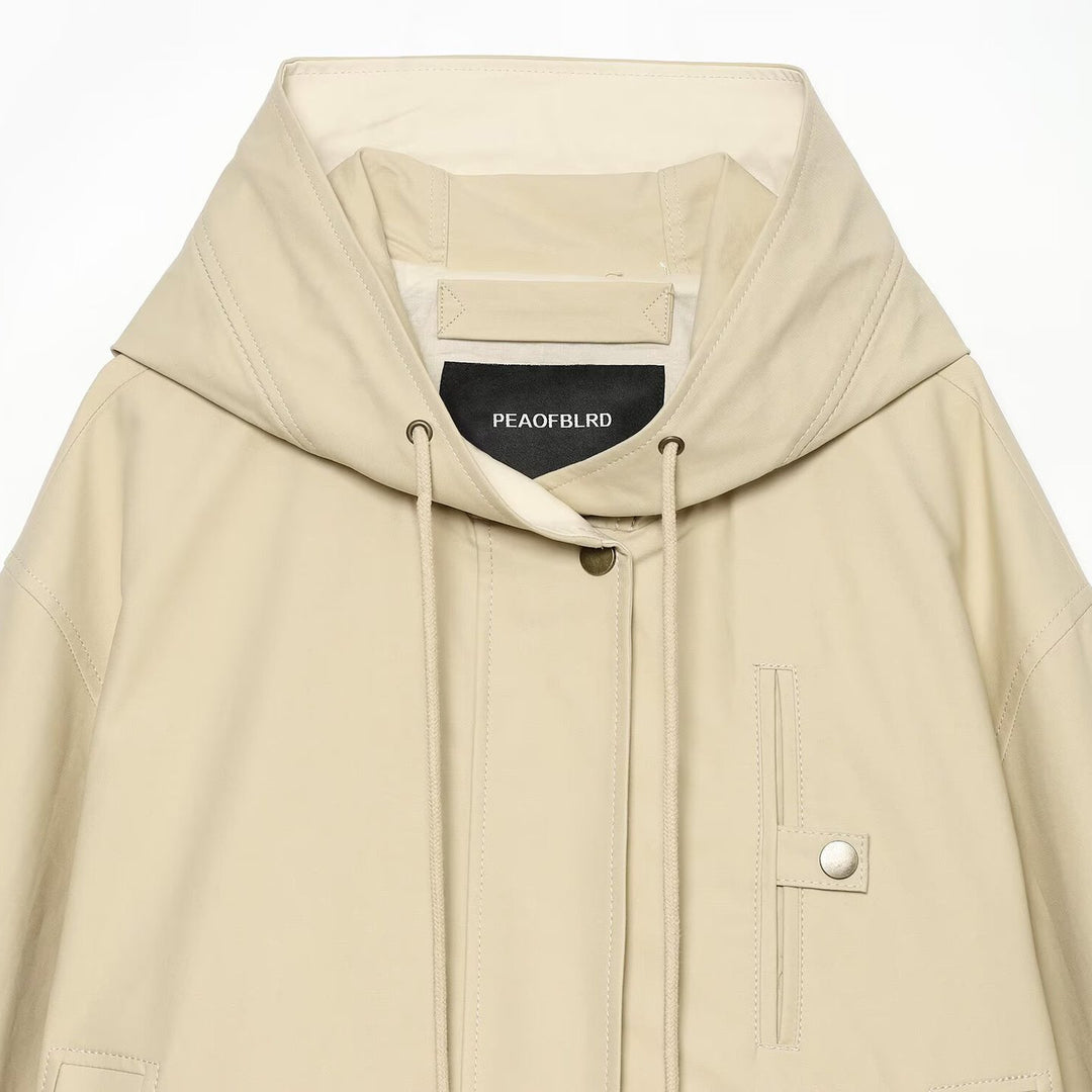 Women's Short Hooded Jacket with Drawstring, Concealed Snap Placket and Patch Pockets Mune Fashion