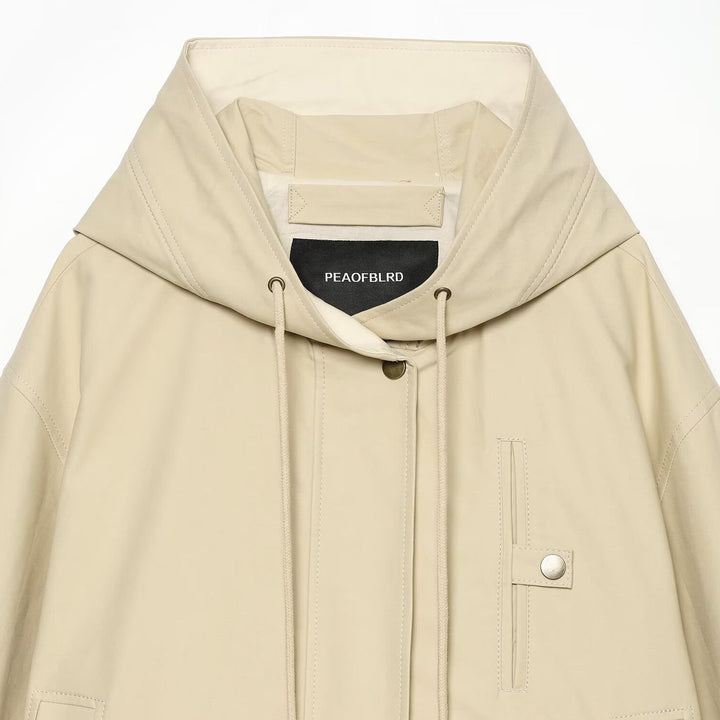 Women's Short Hooded Jacket with Drawstring, Concealed Snap Placket and Patch Pockets Mune Fashion