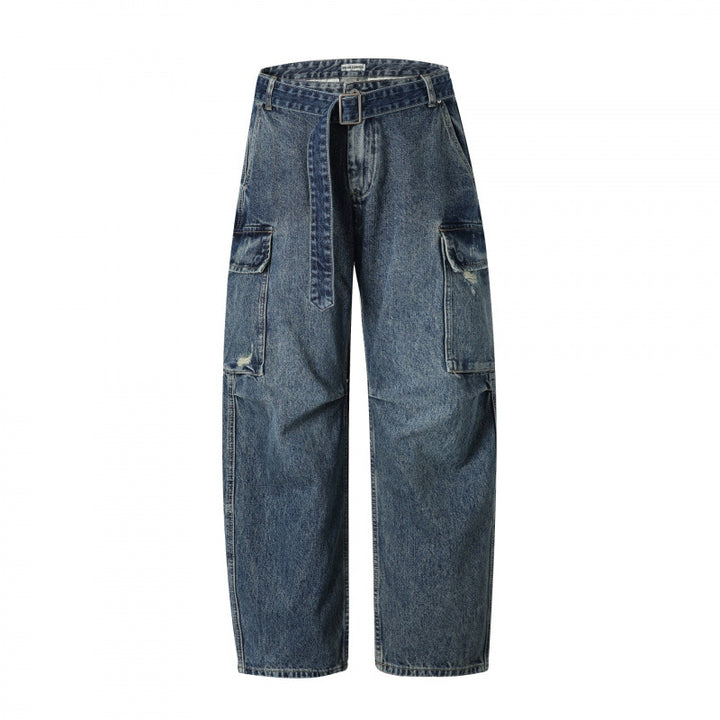 Women Cargo Jeans with High Waist, Wide Relaxed Fit and Removable Denim Belt Mune Fashion