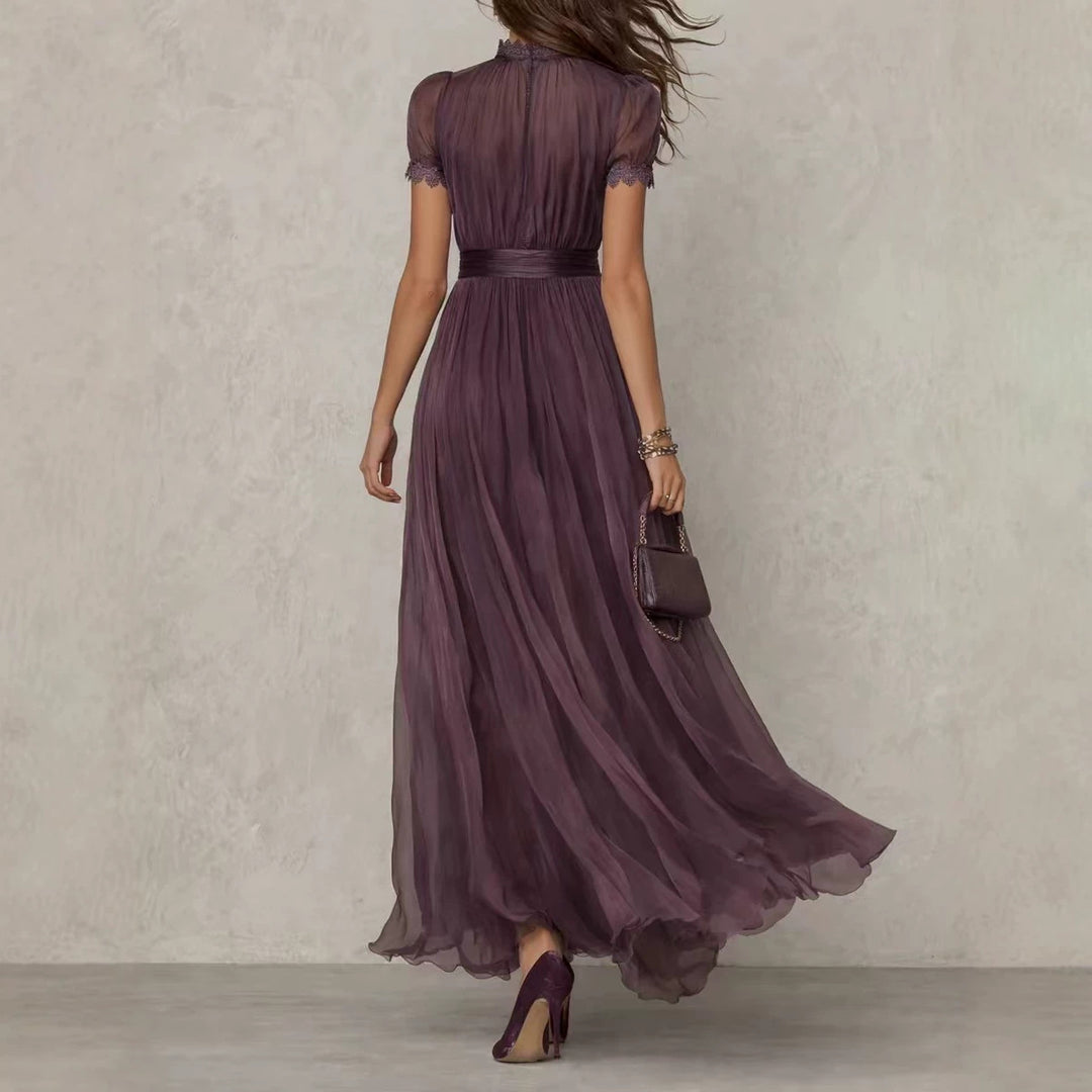 Women's Long Chiffon Evening Dress with Lace Stand Collar, Keyhole Opening and Tailored Sash Mune Fashion