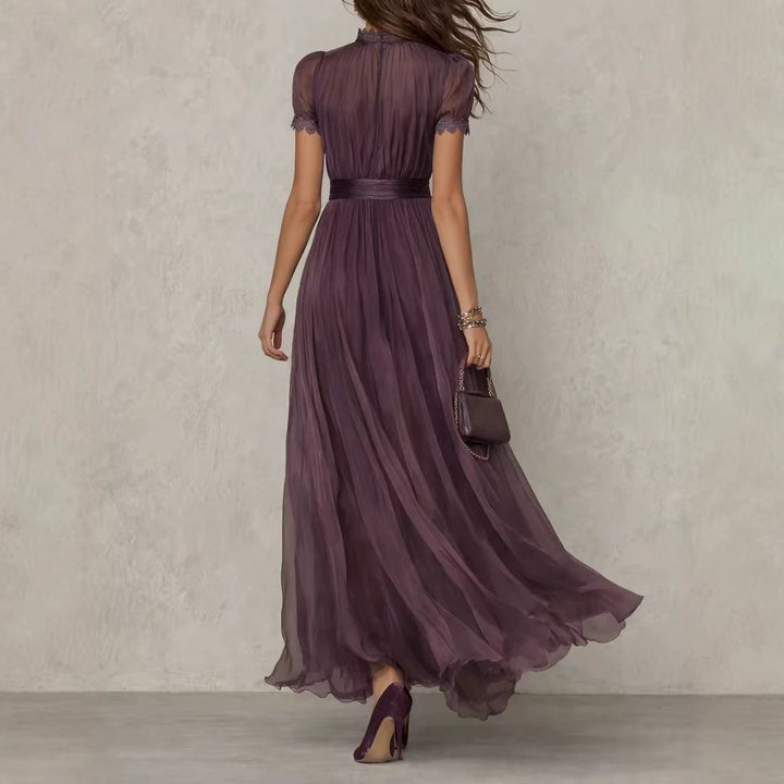 Women's Long Chiffon Evening Dress with Lace Stand Collar, Keyhole Opening and Tailored Sash Mune Fashion