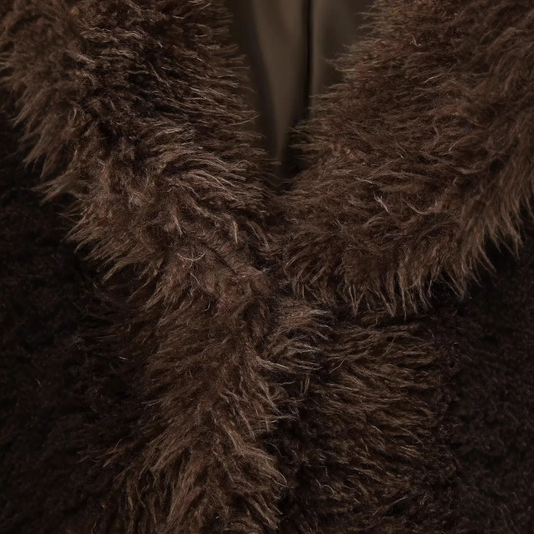Women's faux fur shaggy blouson with voluminous shawl collar and hidden hook closure Mune Fashion