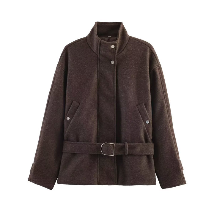 Women's short jacket made of wool blend with waistband, stand-up collar and flap pockets Mune Fashion