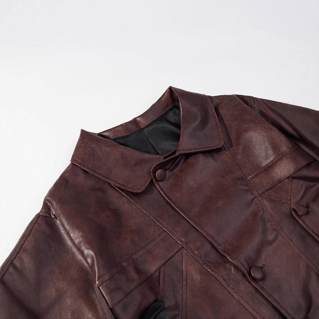 Women Short Boxy Faux Leather Blouson with Geometric Stitch Details and Shirt Collar Mune Fashion