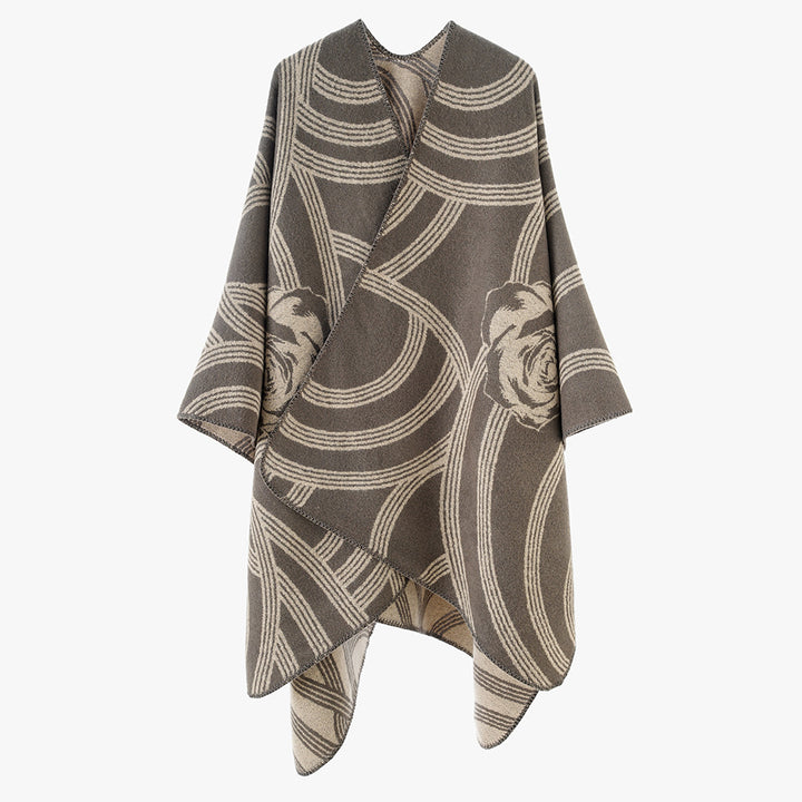Women's Jacquard Cape Poncho with Rose Motif and Open Front Mune Fashion