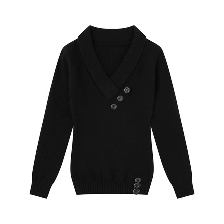 Women’s fine knit pullover with shawl collar, V-neck and decorative buttons Mune Fashion