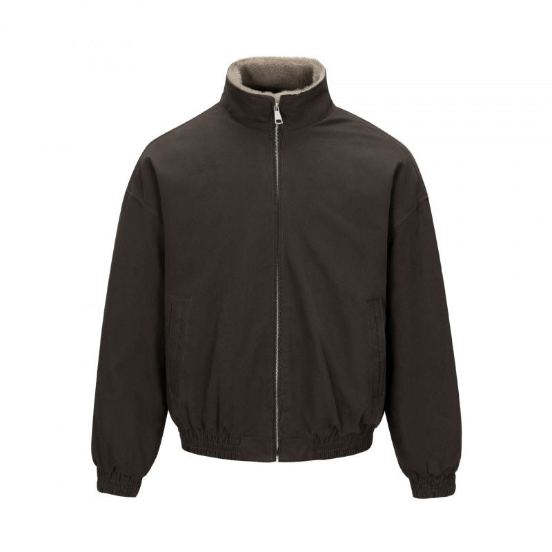 Men's Boxy Bomber Jacket with Teddy Lining and High Stand Collar Mune Fashion