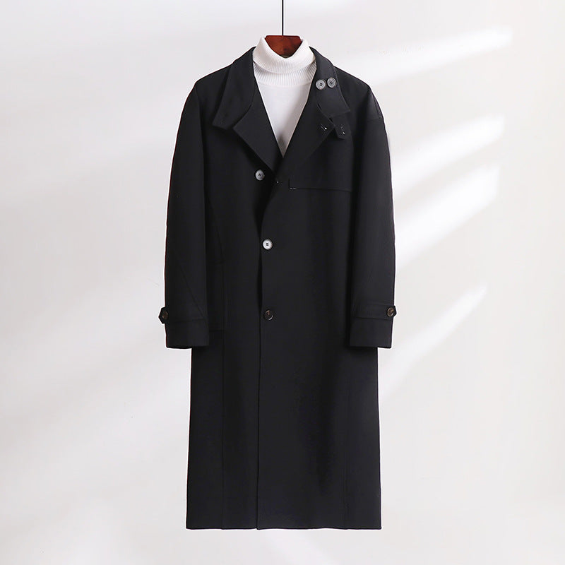 Men's Long-Cut Minimalist Trench Coat with Shawl Collar and Adjustable Sleeve Straps Mune Fashion