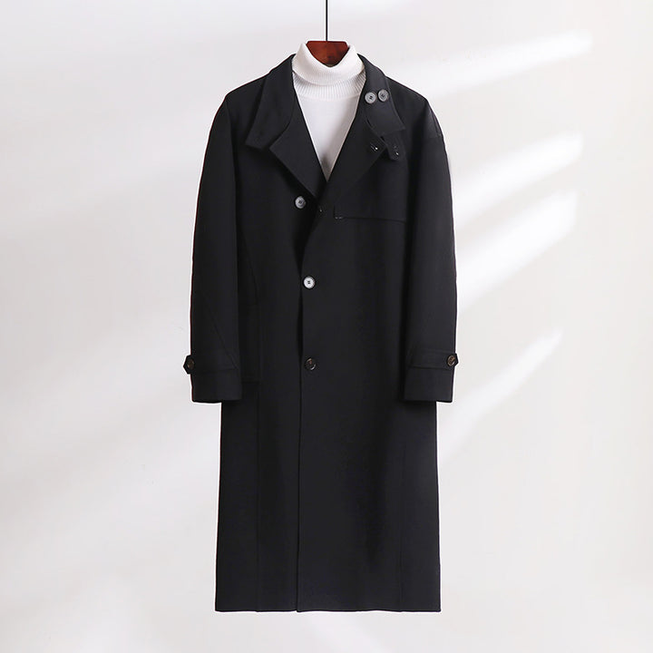 Men's Long-Cut Minimalist Trench Coat with Shawl Collar and Adjustable Sleeve Straps Mune Fashion