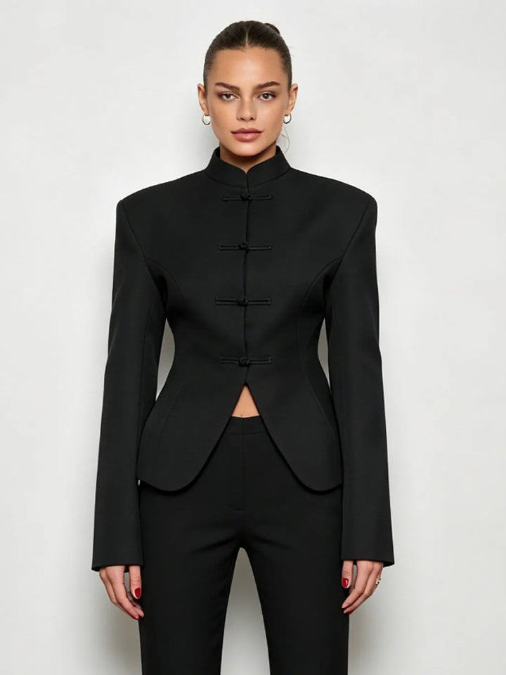Women's Sculpted Blazer with Stand Collar, Decorative Knot Closures and Tailored Silhouette Mune Fashion