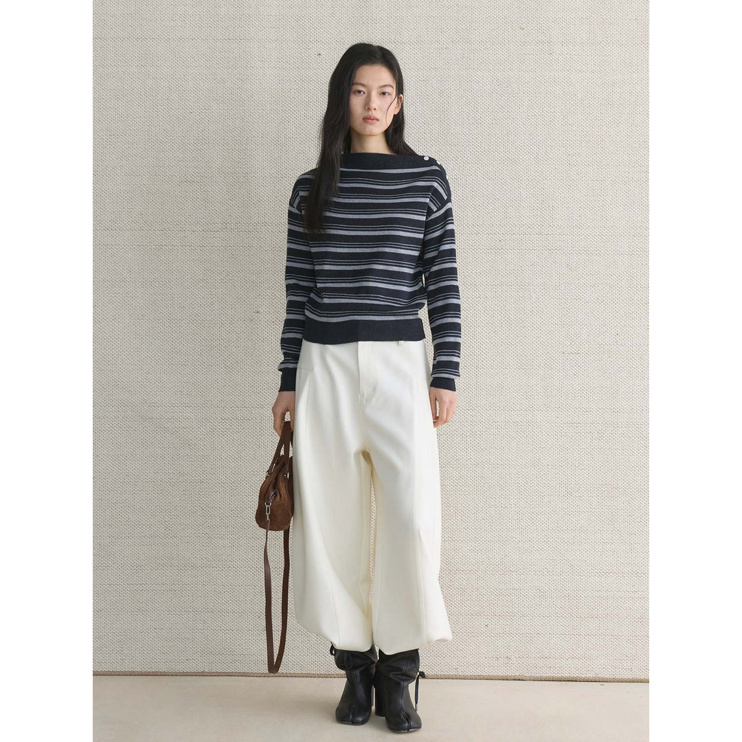 Ladies fine knit sweater with asymmetric boat neckline and fine block stripes Mune Fashion