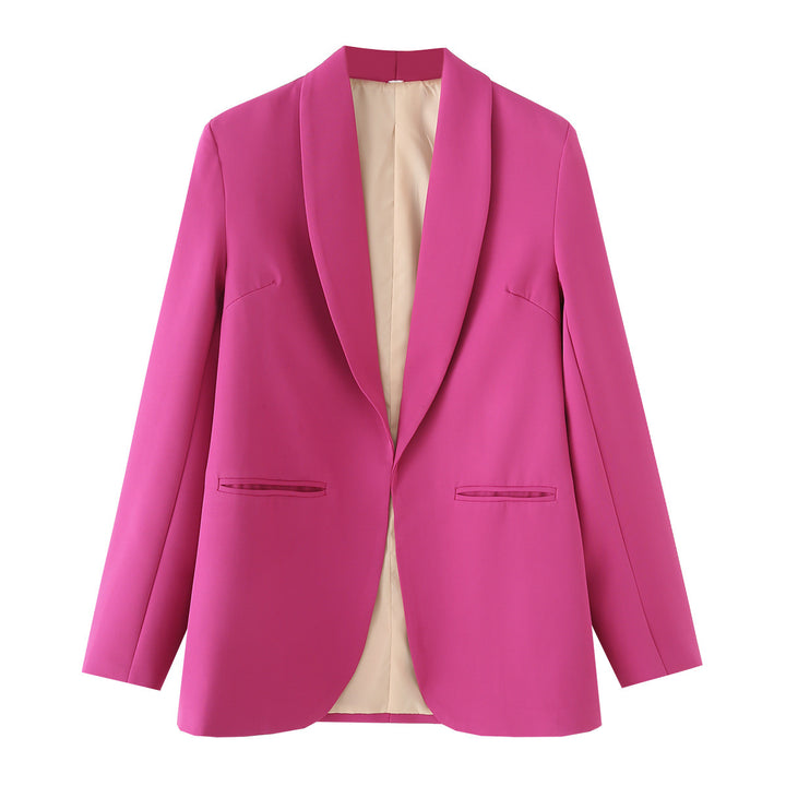 Ladies long blazer with shawl collar, unstructured fall and piped welt pockets Mune Fashion
