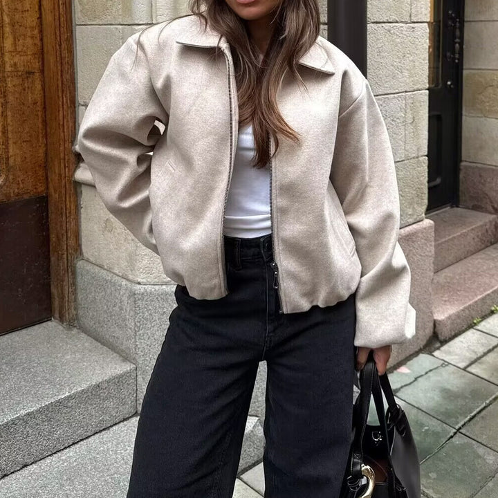 Women's Cropped Bomber Jacket with Elastic Hem, Full Zip and Balloon Sleeves Mune Fashion