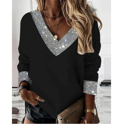Women's lightweight V-neck sweater with sparkling rhinestone trims at collar and sleeve cuffs Mune Fashion