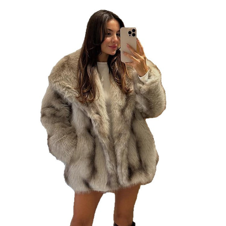 Women's Short Coat Oversize Faux Fur with Voluminous Shawl Collar and Boxy Silhouette Mune Fashion