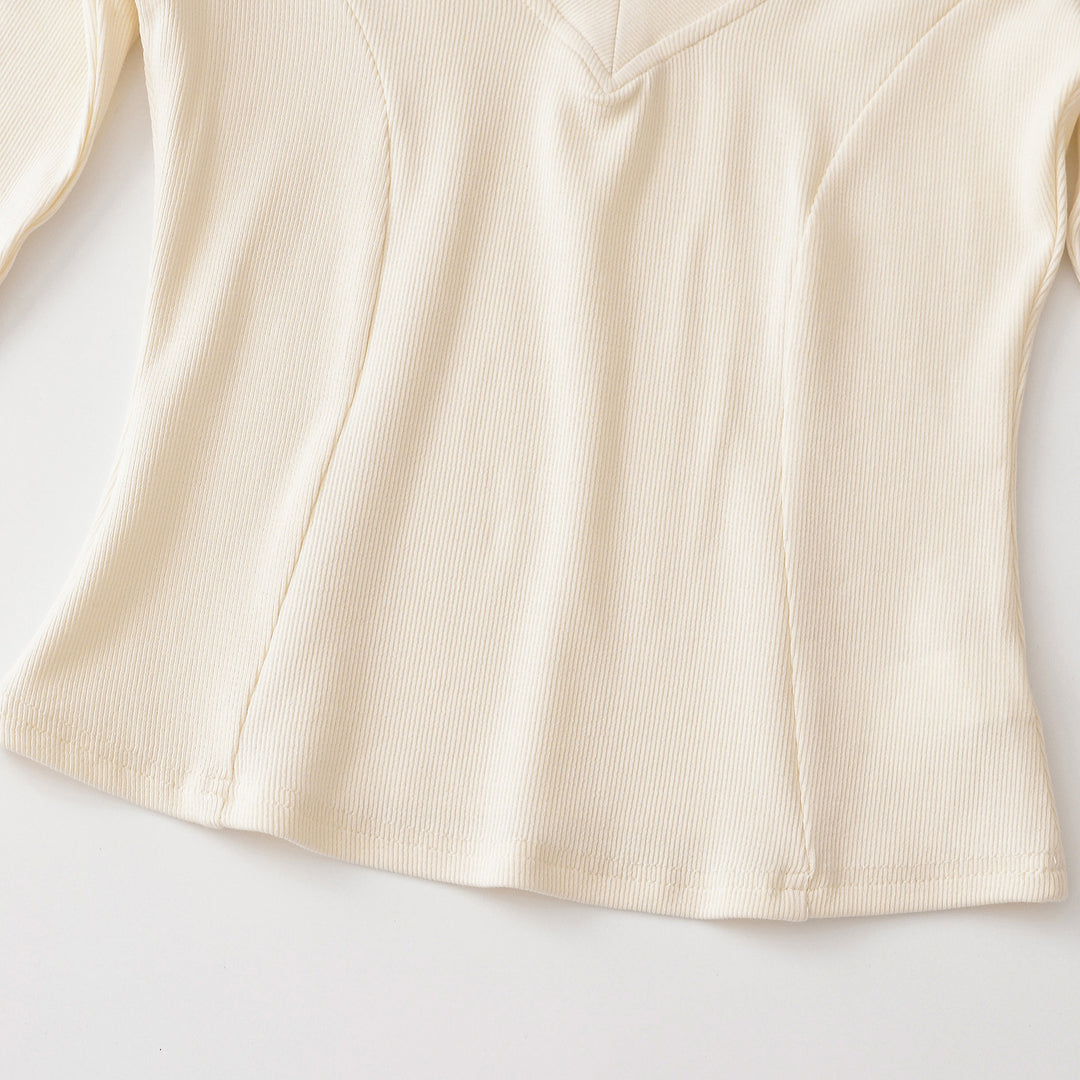 Women's Ribbed Long Sleeve Shirt with V-Neck and Tailored Fit Mune Fashion