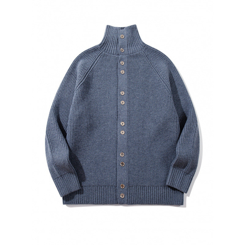 Men's chunky knit button cardigan with high roll collar and raglan sleeves Mune Fashion