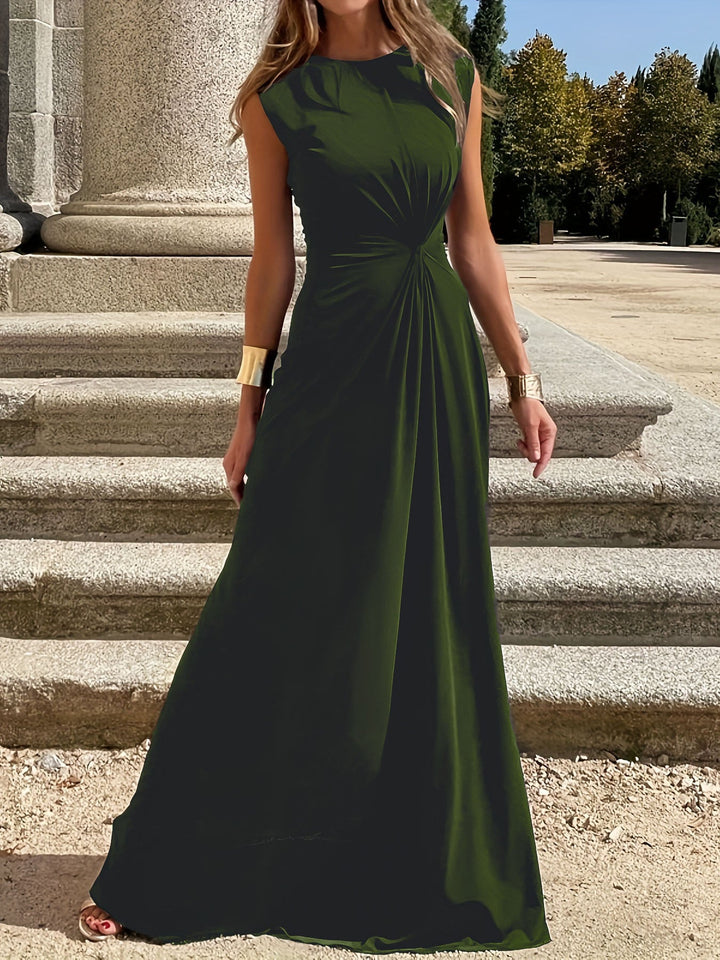 Women Elegant Maxi Dress with Gatherings and Round Neckline Mune Fashion