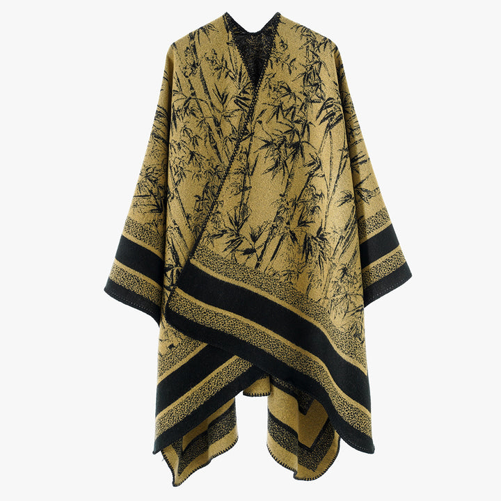 Women's Jacquard Poncho in Cape Style with Bamboo Design and Open Front Mune Fashion