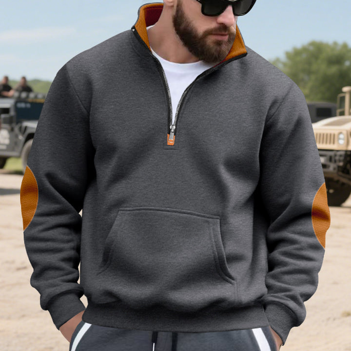Men's Nano Insulated Half-Zip Pullover with Stand-Up Collar Fleece Lining Kangaroo Pocket and Suede Elbow Patches Mune Fashion