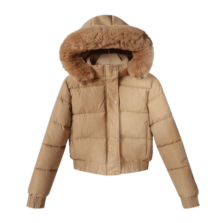 Ladies' short padded hooded jacket with faux fur trim, elastic hem, and concealed zipper Mune Fashion
