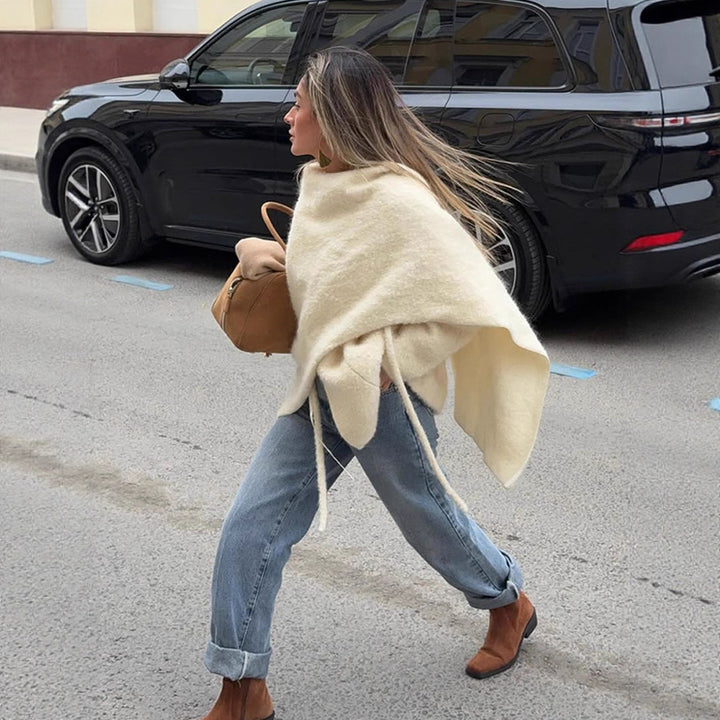 Women's Oversized Wool Mix Poncho with Asymmetrical Fall and Ties Mune Fashion