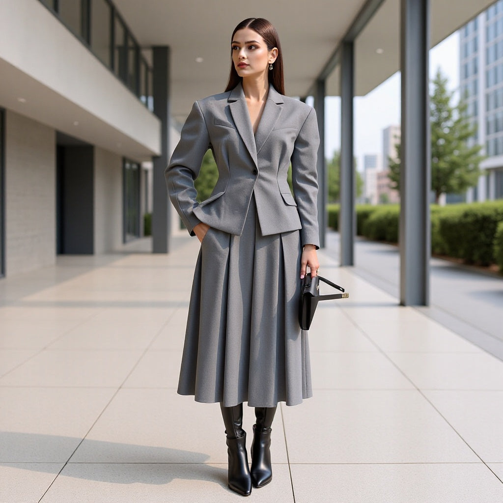 Women's Tailored Wool Blend Suit with Short Blazer and Pleat-Like Midi Skirt Mune Fashion