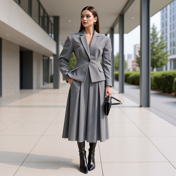 Women's Tailored Wool Blend Suit with Short Blazer and Pleat-Like Midi Skirt Mune Fashion