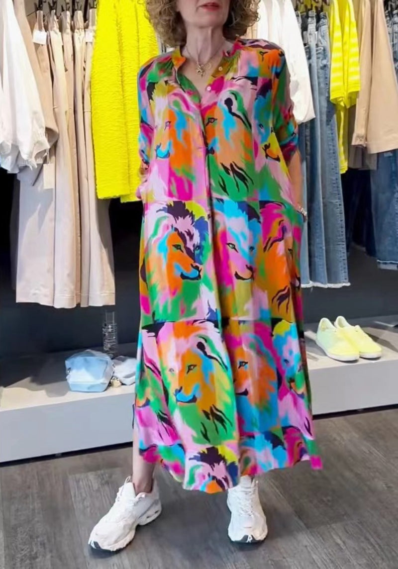 Women's shirt dress maxi dress with pop art lion print, button placket and side pockets Mune Fashion