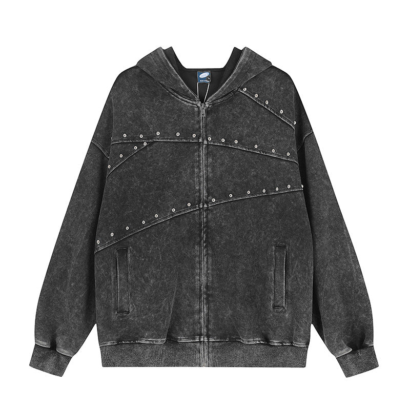 Women's oversized hoodie sweatshirt jacket in used look with stud decoration and full-length zipper Mune Fashion