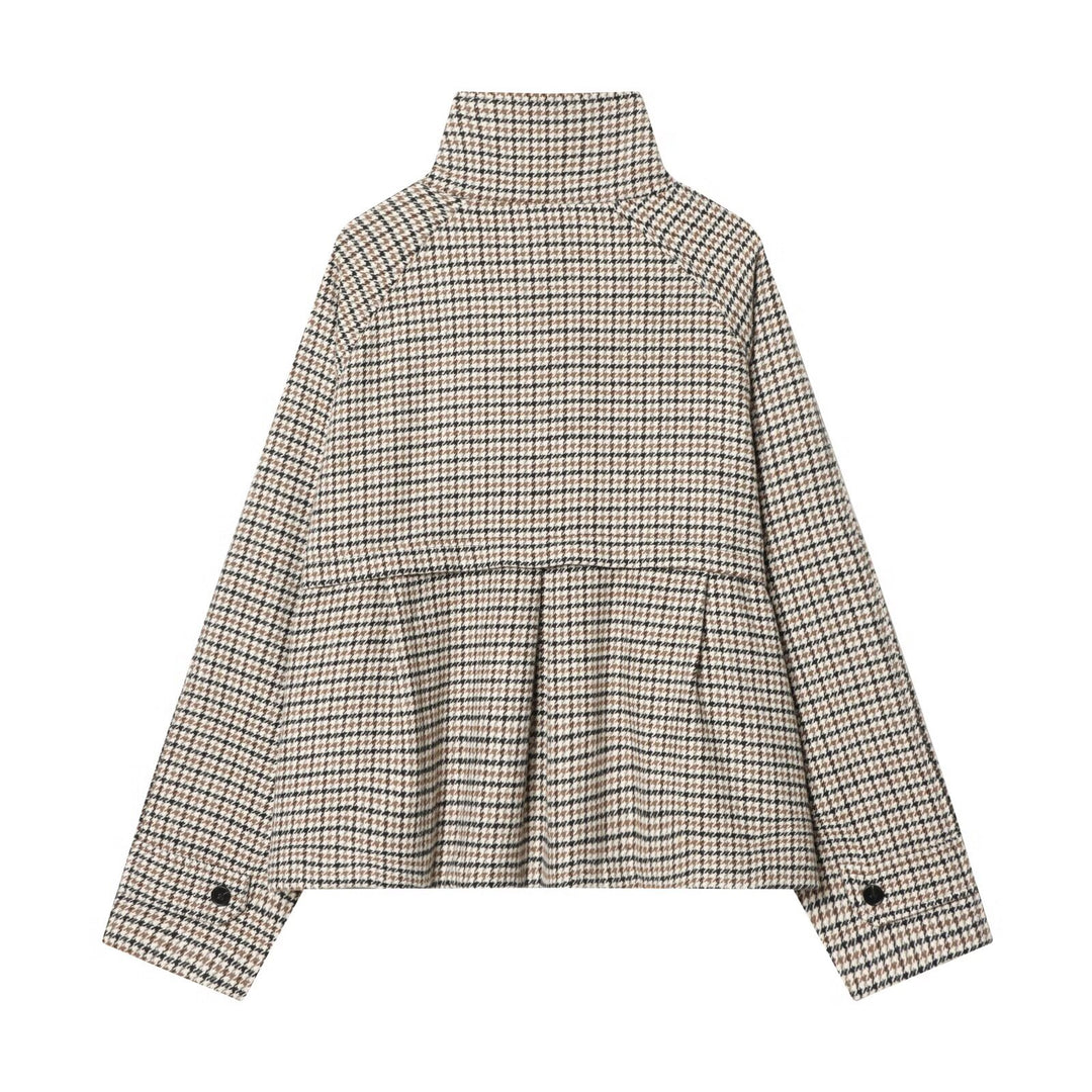 Women's short jacket in houndstooth pattern with high stand-up collar and oversized raglan sleeves Mune Fashion