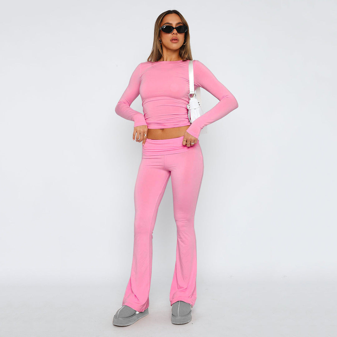 Women’s Stretch Lounge Set with cropped long sleeve top and flared high-waisted pants Mune Fashion