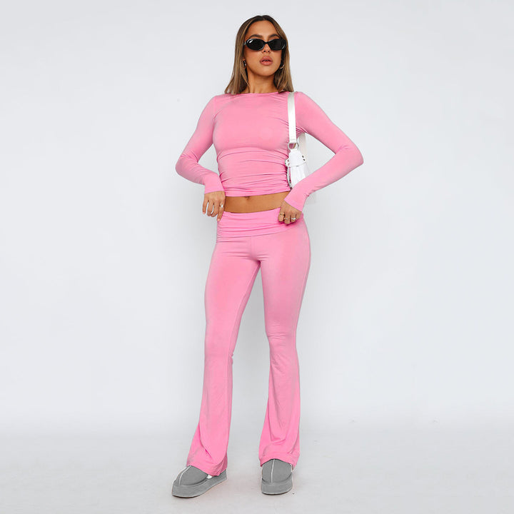 Women’s Stretch Lounge Set with cropped long sleeve top and flared high-waisted pants Mune Fashion