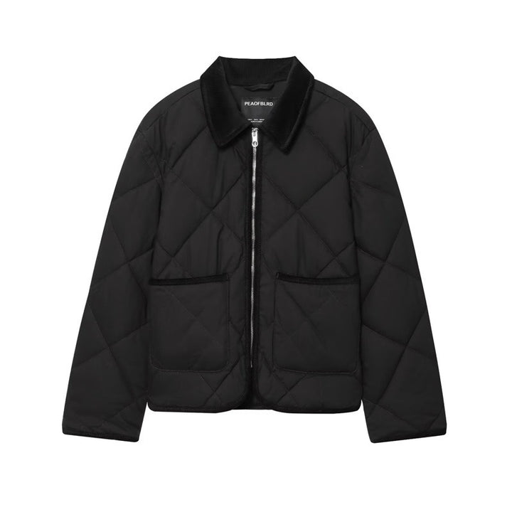 Women's short jacket quilted bomber with cord collar, front zipper and patch pockets Mune Fashion