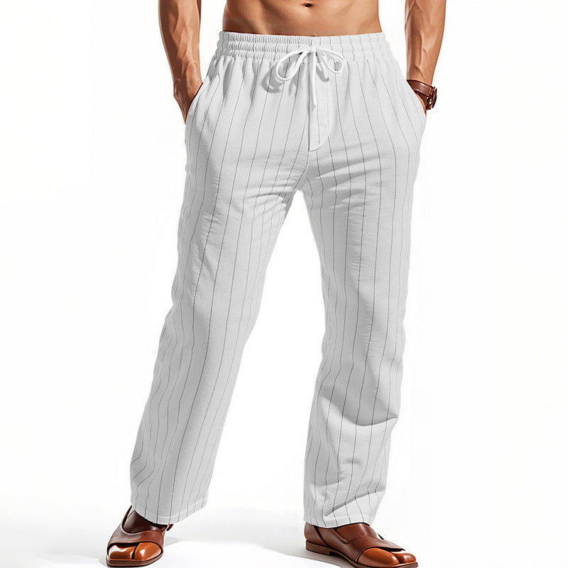 Men's Casual Pinstripe Leisure Pants with Elastic Drawstring Waist, Side Pockets, and Straight Leg Mune Fashion