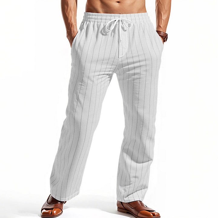 Men's Casual Pinstripe Leisure Pants with Elastic Drawstring Waist, Side Pockets, and Straight Leg Mune Fashion
