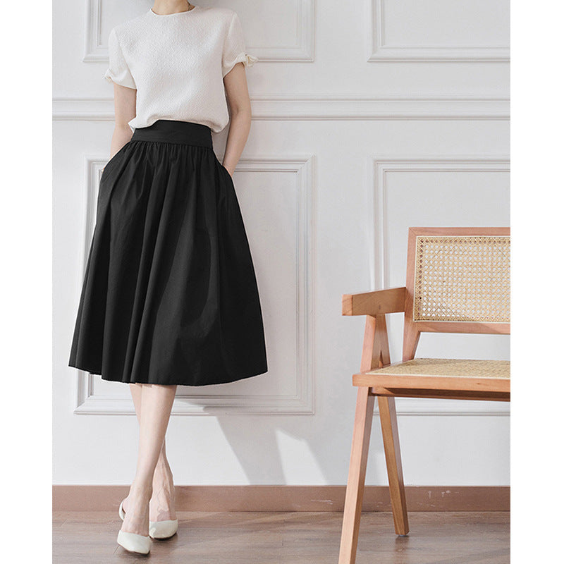 Women's Lightweight High-Waisted Midi Skirt Made of Cotton Blend with Gathered Waist and Voluminous A-Line Mune Fashion