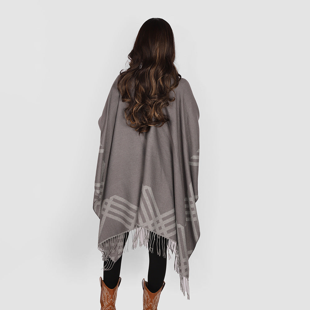Women's Wool Blend Ruana in Rectangular Cut with Graphic Stripe Jacquard and Fringes