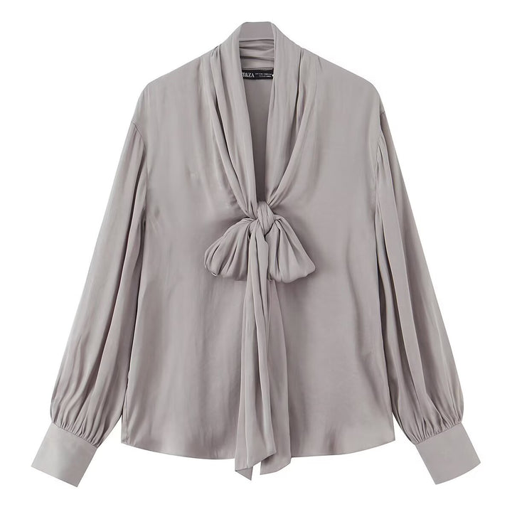 Women's Silk-like Pullover Blouse with Ties and Balloon Sleeves Mune Fashion