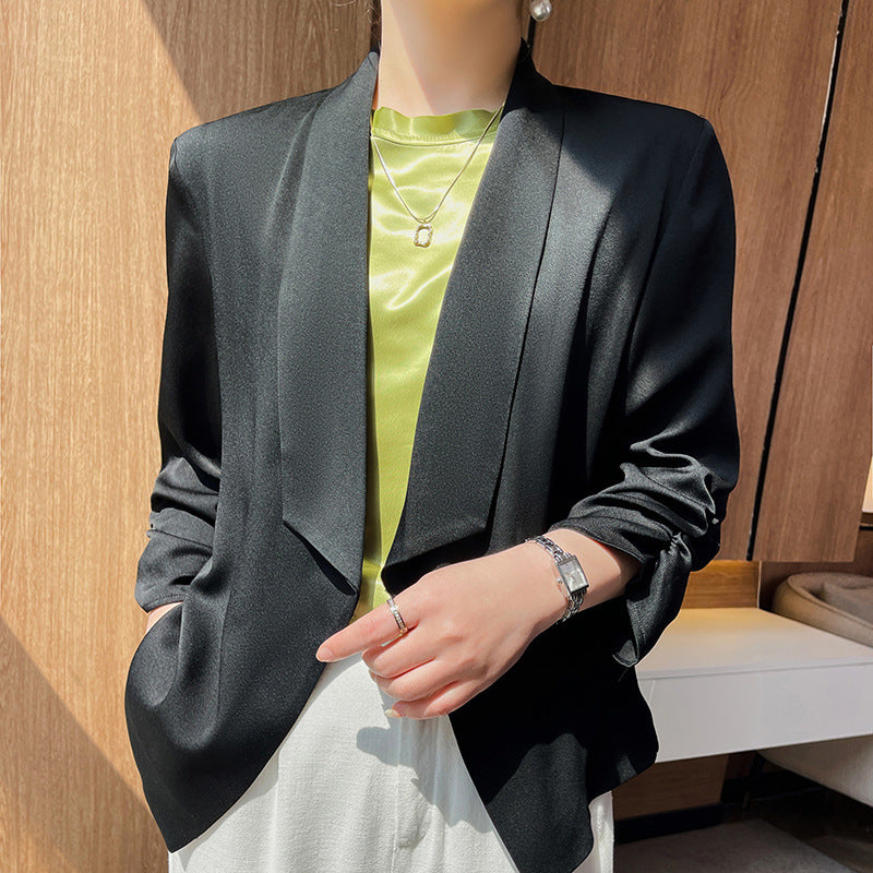 Women's shawl collar blazer with satin trim, open front and casual short fit Mune Fashion