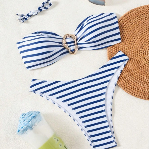 Ladies bandeau bikini with stylish stripes and elegant ring detail Mune Fashion