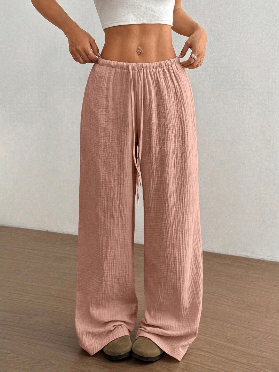 Women Lightweight Linen Look Pants with Wide Leg, Elastic Waistband and Drawstring Mune Fashion