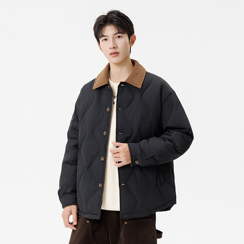Men's Quilted Padded Jacket with Corduroy Collar and Button Placket Drune