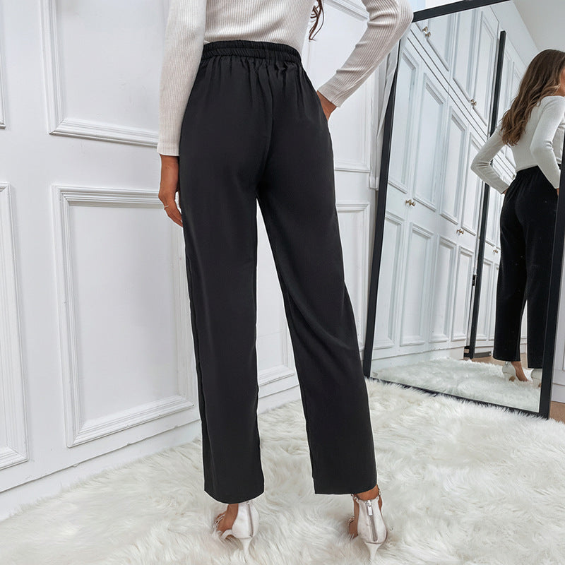 Women's High-Waisted Pleated Trousers with Decorative Button Placket and Straight Leg Mune Fashion