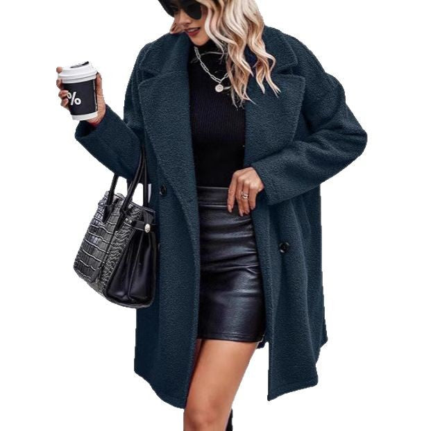 Women's Oversize Teddy Coat with Notched Lapel and Double-Breasted Cut Drune