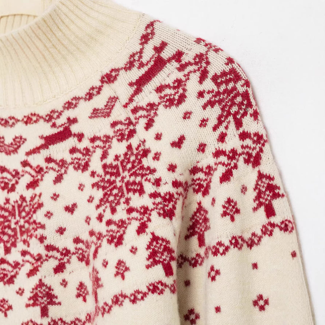 Women's short Norwegian knit sweater with high ribbed collar and reindeer motif Mune Fashion