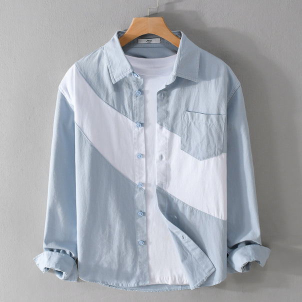 Men's cotton overshirt with diagonal color block, kent collar, and chest pocket Mune Fashion