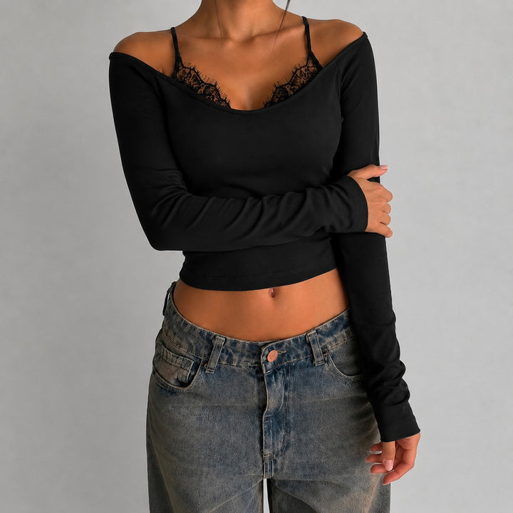 Women Off-Shoulder Long Sleeve Cami with Delicate Lace Lining and Adjustable Spaghetti Straps Mune Fashion