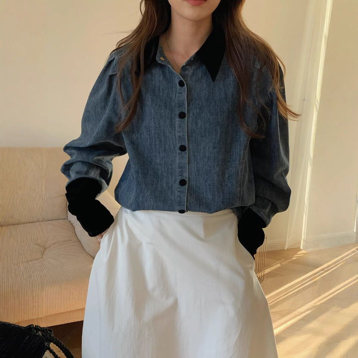 Damen Denimbluse mit Elegantem Kragen Mune Fashion