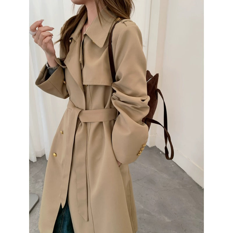 Women's Tailored Trench Coat with Tie Belt and Golden Button Details Mune Fashion